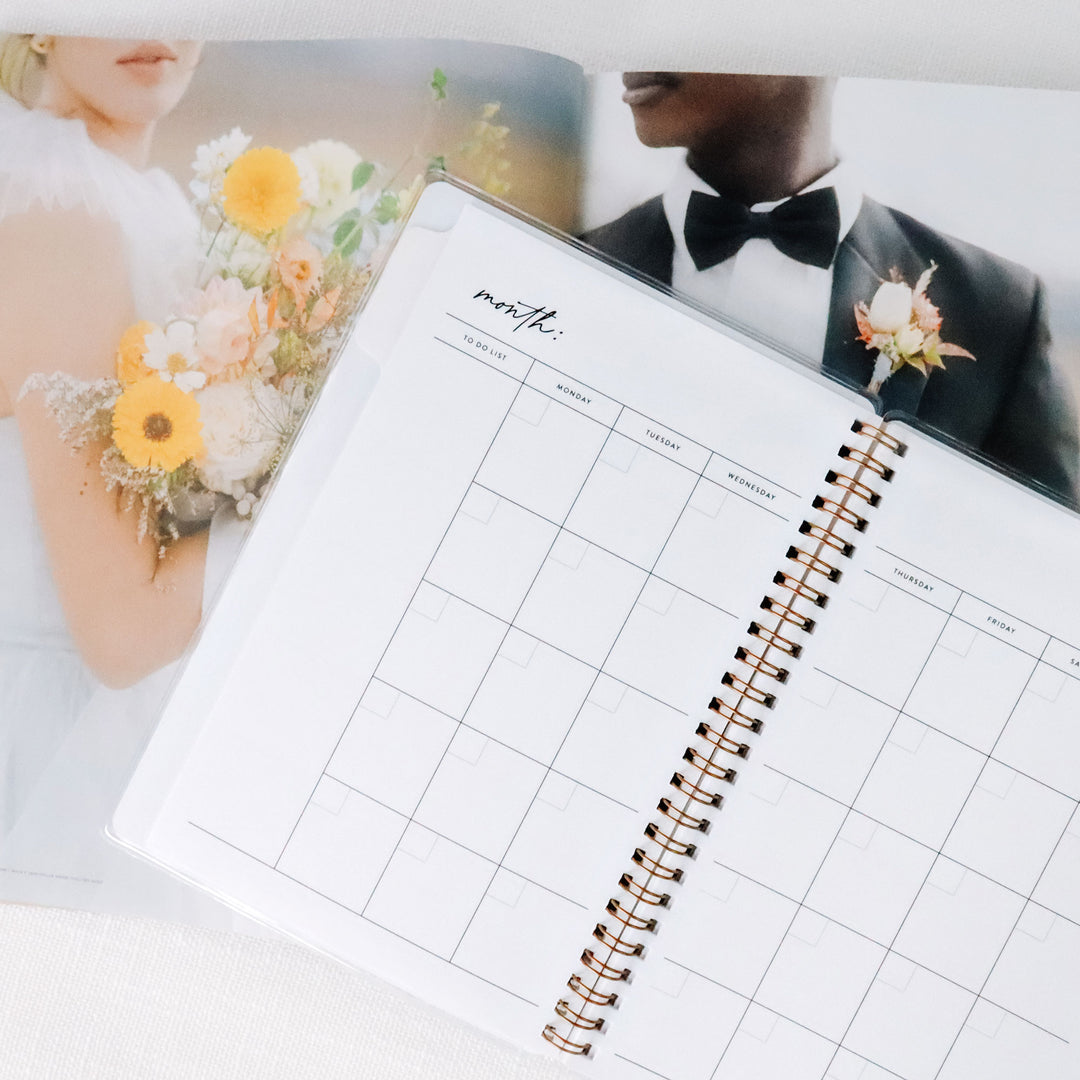 Our mini wedding planners have a 2-page calendar spread, giving you ample room to jot down all of your appointments