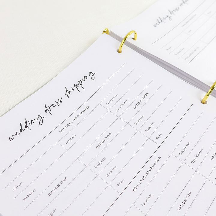 Our linen wedding planning binders include our comprehensive wedding planner full of handy worksheets like wedding dress shopping