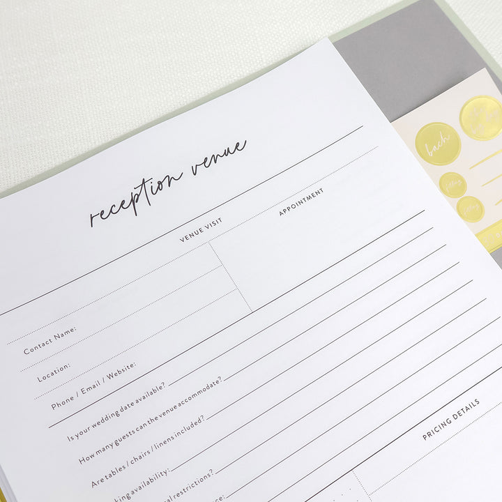 Our linen wedding planning binders include our comprehensive wedding planner full of handy worksheets like venue visits