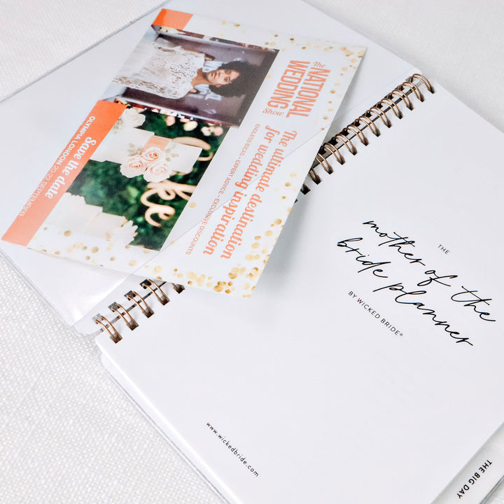 The glossy vinyl covers of the mother of the bride planner can double as pockets on the inside.