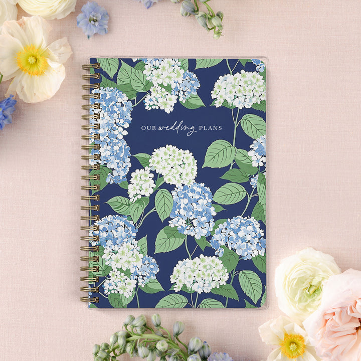 Our exclusive mini wedding planners are perfect for planning small weddings and elopements, shown in a blue, white and green hydrangea pattern