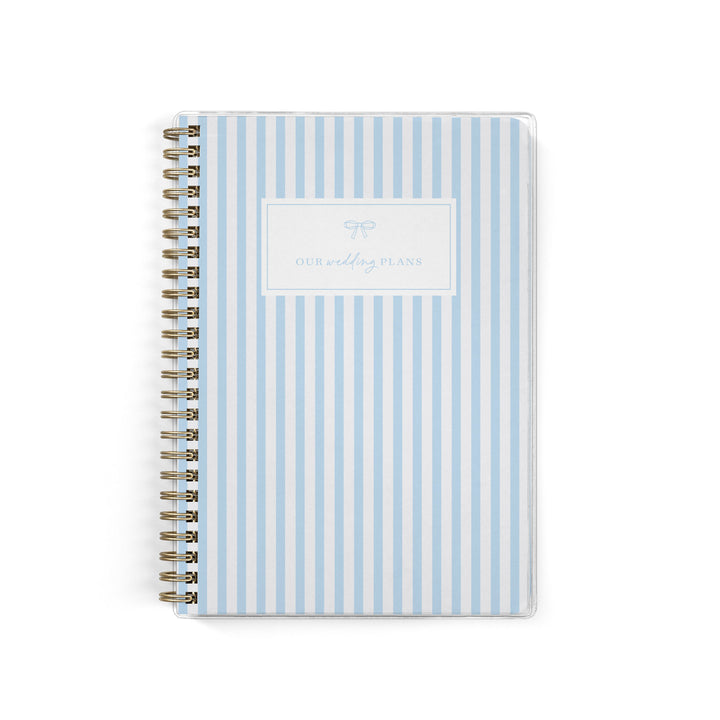 Our exclusive mini wedding planners are perfect for planning small weddings and elopements, shown in a classic blue and white stripe design