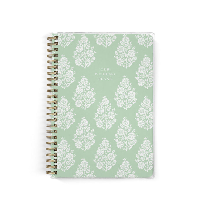 Our exclusive mini wedding planners are perfect for planning small weddings and elopements, shown in a green floral block print