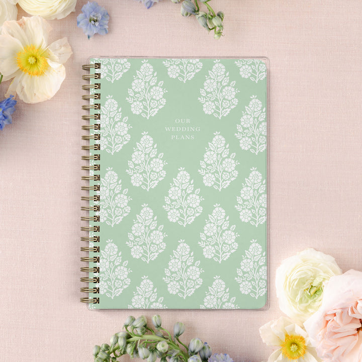 Our exclusive mini wedding planners are perfect for planning small weddings and elopements, shown in a green floral block print