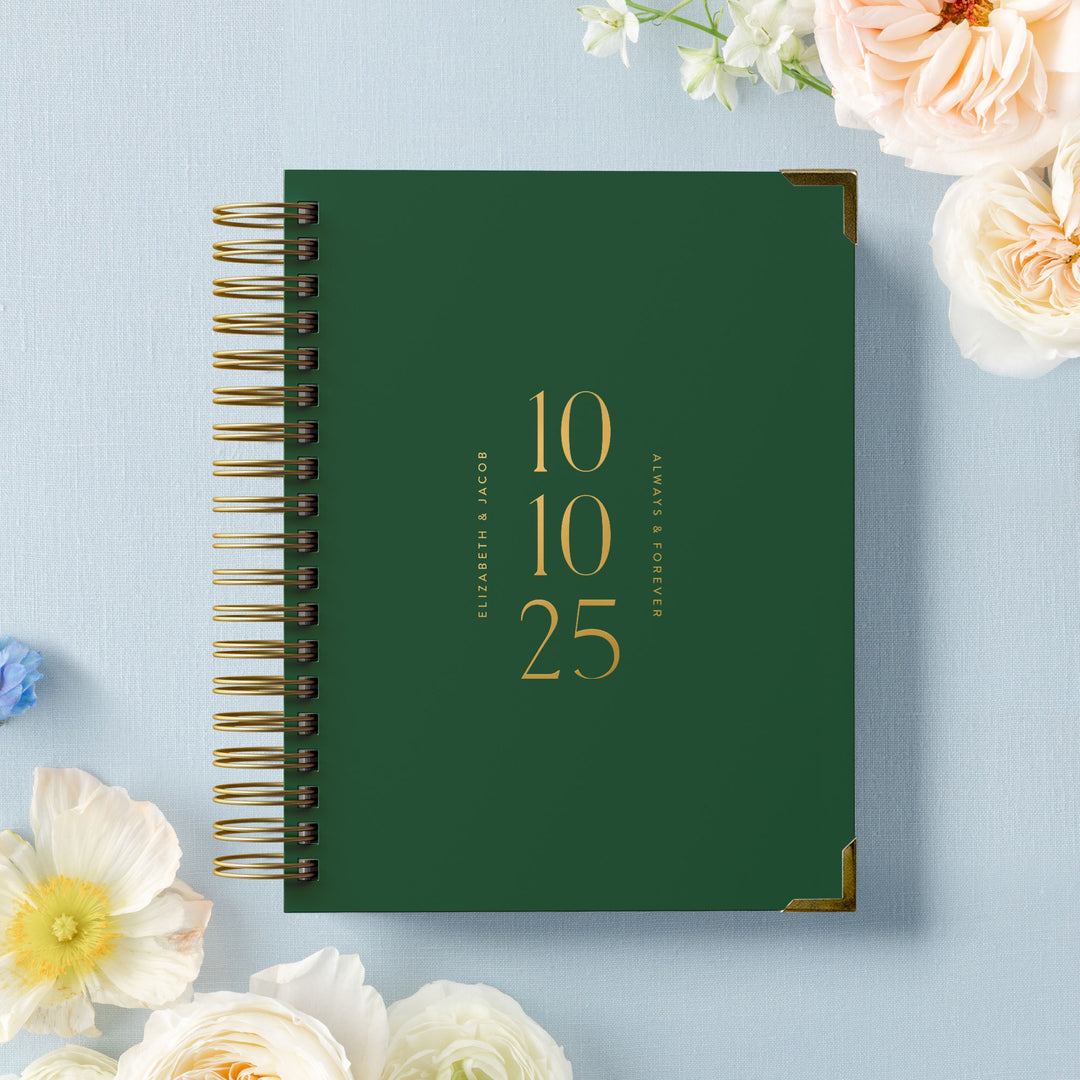 Our luxury wedding planner books are the best a bride can buy, featuring a bold date and text design in foil