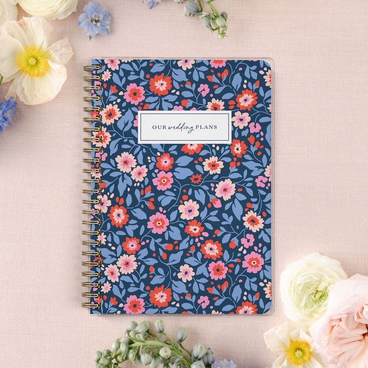 Our exclusive mini wedding planners are perfect for planning small weddings and elopements, shown in a preppy floral design in red, pink and navy.