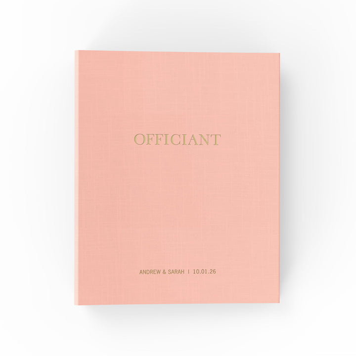 Our wedding officiant binders are the perfect wedding keepsake, shown with the couple's first names and wedding date on the cover