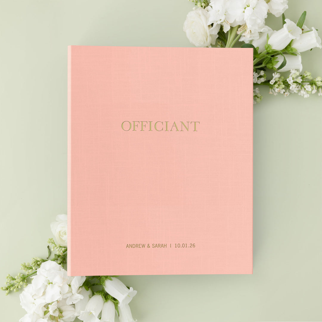 Our wedding officiant binders are the perfect wedding keepsake, shown with the couple's first names and wedding date on the cover