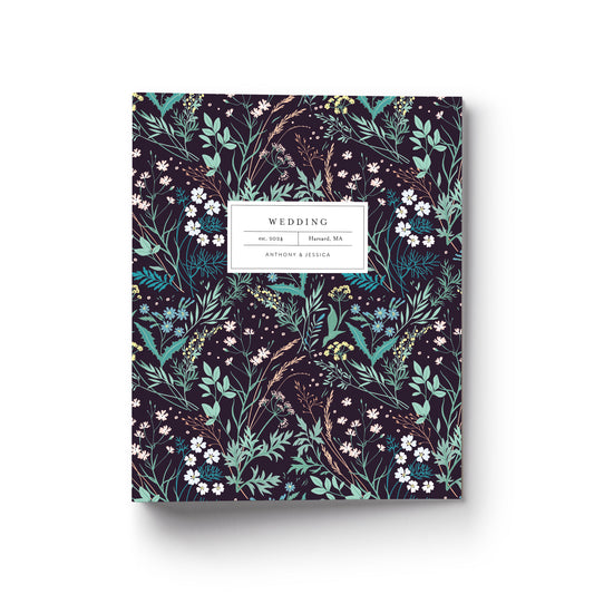 Our wedding binders are the perfect planning tool, shown in a dark wildflower design
